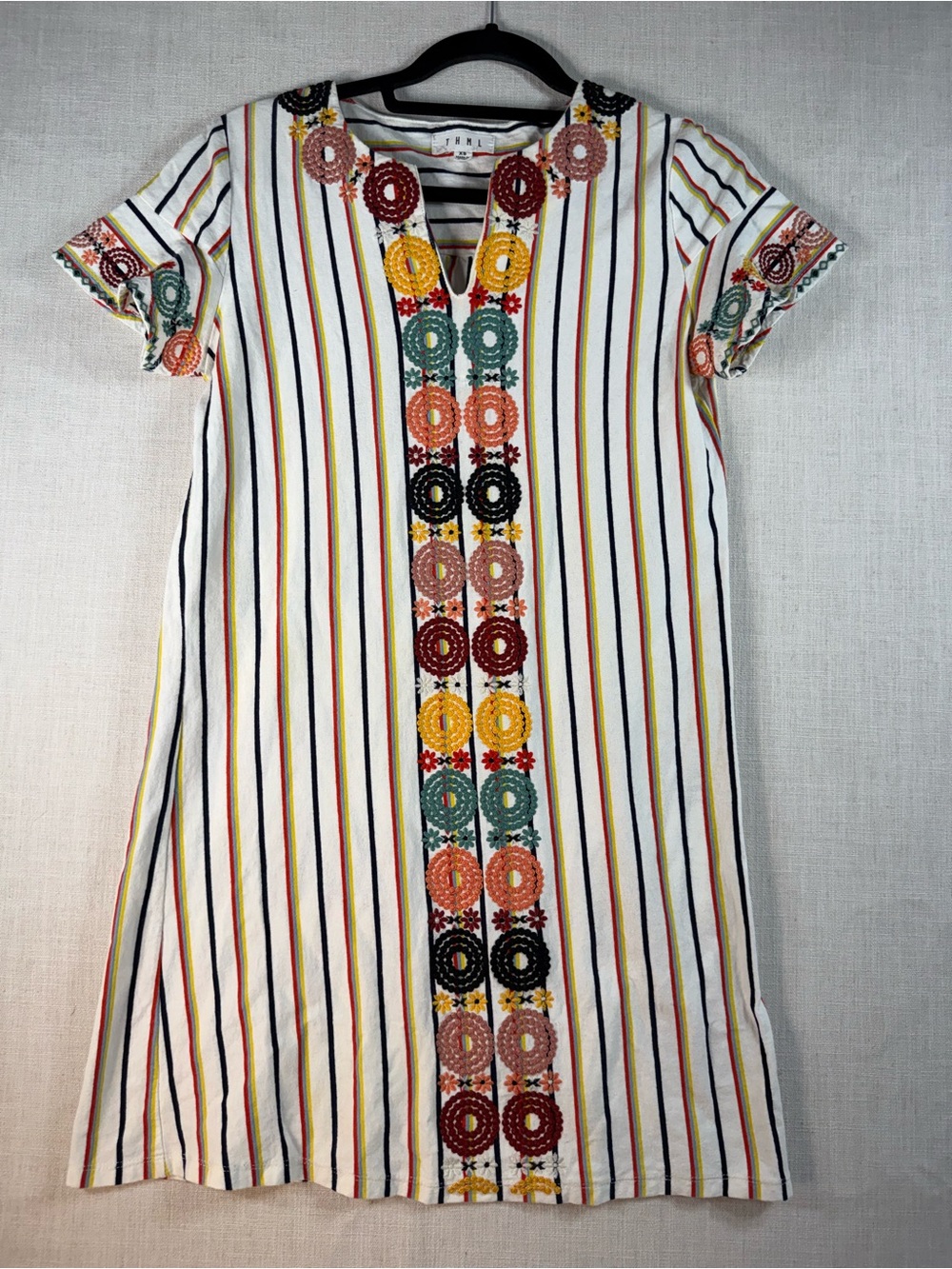 THML White Striped Mini Dress with Multicolor Embroidery